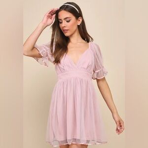Lulu’s Sweetly Charming Blush Pink Mesh Surplice Puff Sleeve Mini Dress